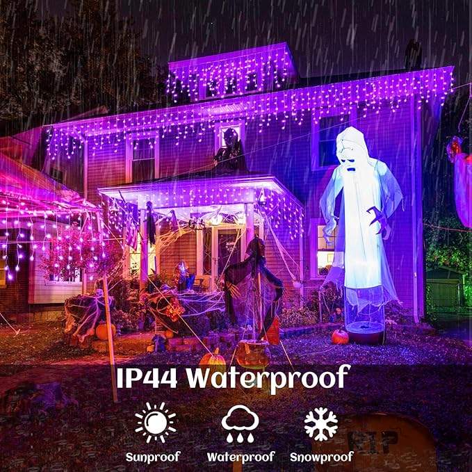 66ft Purple Halloween Lights Outdoor Indoor, 640 LED Icicle Lights for Outside Twinkle Christmas Lights with 120 Drops Clear Wire Timer 8 Modes for House Party Tree Yard Patio Eaves Holiday Decoration