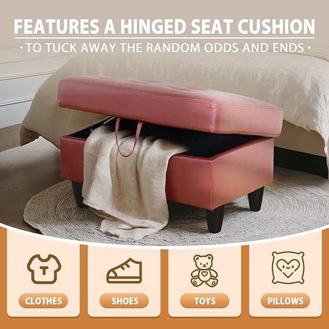 Ottoman Rectangular Storage Ottoman Bench, Faux Leather Footrest, Coffee Table, Stool Footstool with Hinged Lid for Living Room, Bedroom, Entryway, Red, 35"x23.5"x17.5"