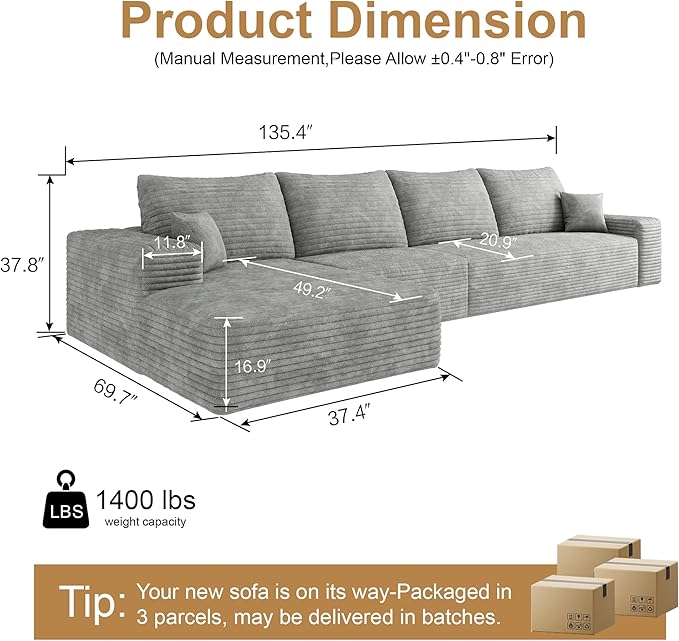 136" Sectional Couches for Living Room Modern Modular Sofa with L-Shape Couchs Upholstered Boneless Couch Deep Seat Sectional Couch with Chaise (Grey, Left Facing Chaise+3Seaters)