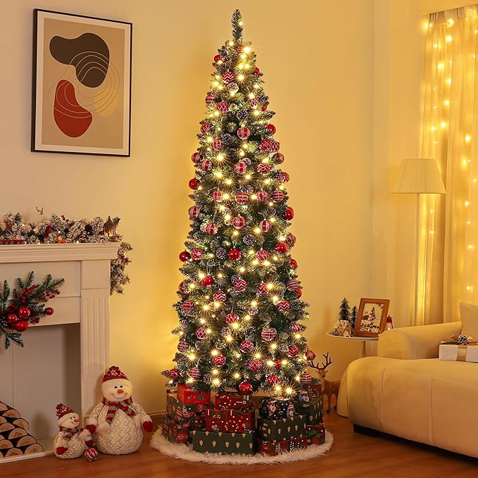 Homde Pencil Christmas Tree 6 Foot Pre-Lit Artificial Christmas Tree with Flocked Snow Pine Cone 160 Warm White Lights Holiday Decor