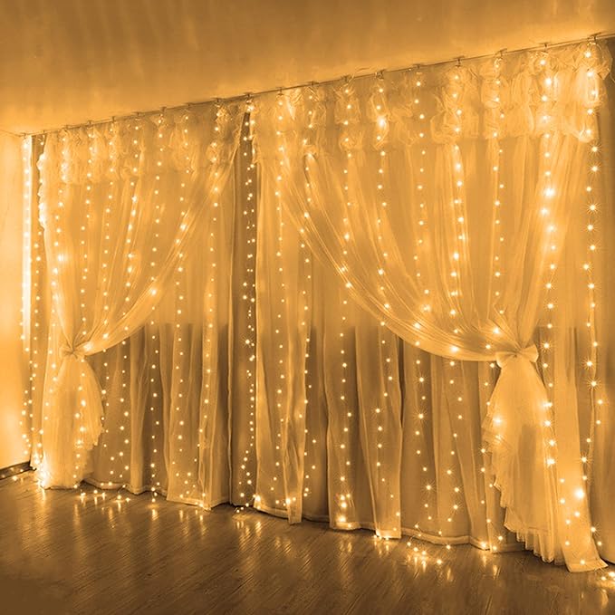 FUNPENY Window Curtain String Lights, 300 LED 8 Lighting Modes Fairy Lights USB Powered, Waterproof Lights for Christmas Bedroom Party Wedding Home Garden Wall Decorations, Warm White