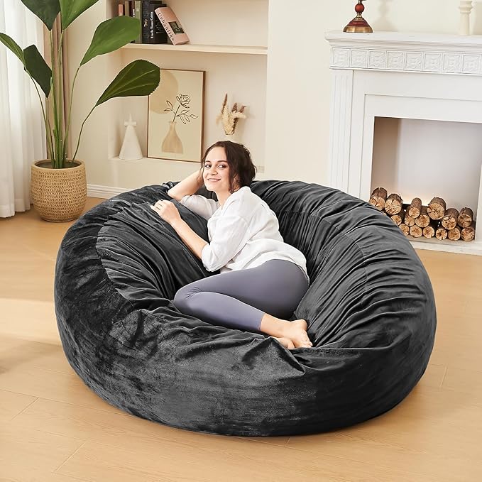Bean Bag Chairs for Adults - Memory Foam Furniture BeanBag Chair - Kids/Teens Sofa with Soft Micro Fiber Cover - Round Fluffy Couch for Living Room Bedroom College Dorm - 4 ft, Carbon Black