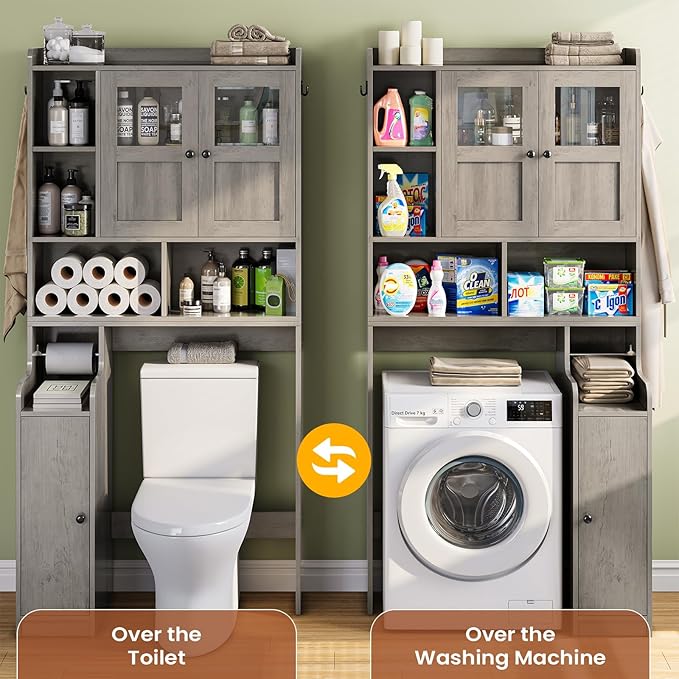 Itaar Over The Toilet Storage Cabinet, Over Toilet Bathroom Organizer with Glass Doors & Toilet Paper Holder Stand, Home Space-Saving Toilet Rack, for Bathroom, Restroom, Laundry, Grey