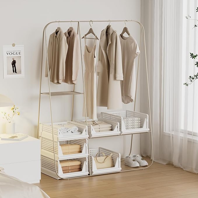 Stackable Plastic Storage Basket Closet Organizer Bin Foldable Clothes Organizer Storage Drawer Shelf Container for Living Room Bathroom Kitchen Office Laundry Room