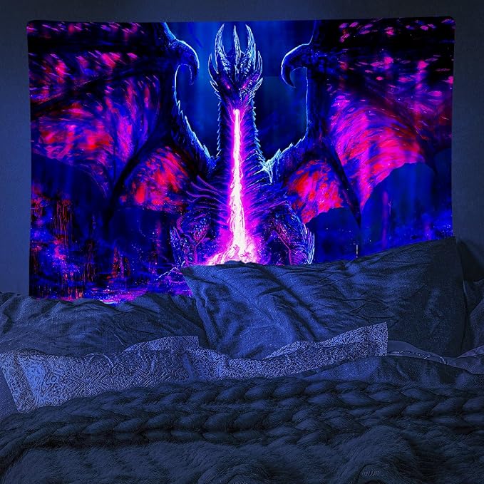 ADDWel Blacklight Dragon Tapestry, Cool Evil-Dragon Tapestry Glow In The Dark, UV Reactive Black Light Posters Wall Hanging for Bedroom Dorm Living Room Backdrop Decor