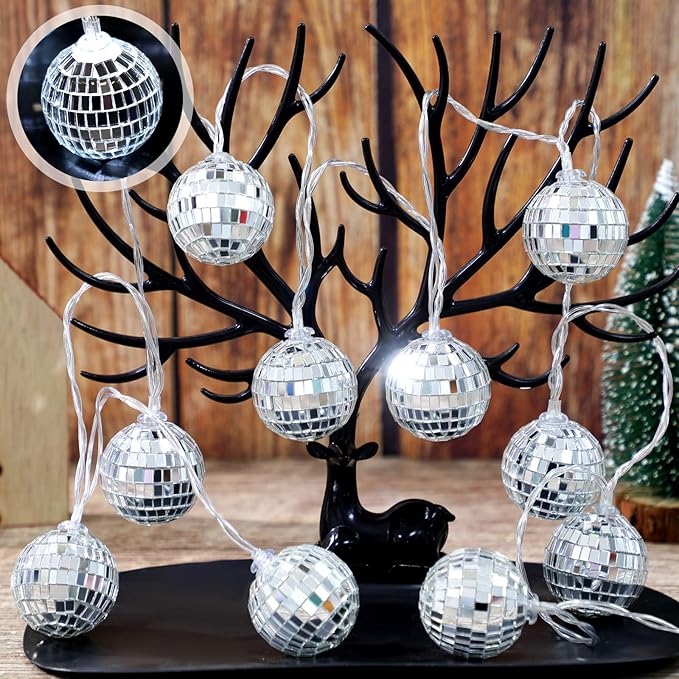 Zhanmai 30 LED Disco Ball String Lights Decor Lighted Mini Mirror Disco Balls Ornaments for 70s 80s Party Supplies Club(1.57 Inch Ball,Silver)
