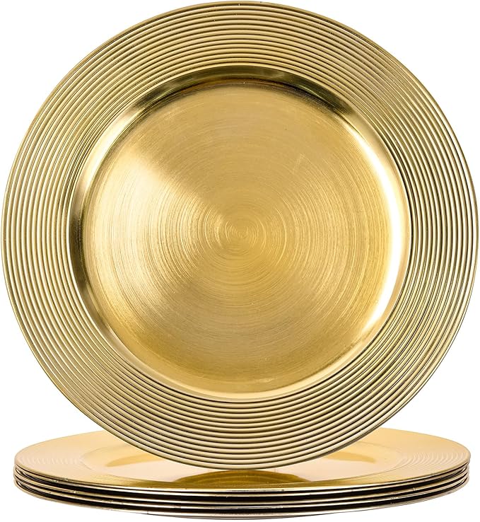 13" Round Charger Plates, 6 pack Ring Pattern Plastic Chargers for Dinner Plate, Vintage Charger Plates Bulk Wedding, Metallic Foil Gold