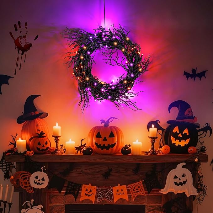 9 FT 66 LED Willow Vine Twig Decor Black Halloween Garland with Orange Purple Lights, Timer 8 Modes Waterproof Battery Operated Indoor Halloween Decorations for Wall Fireplace Mantle Home Office Decor
