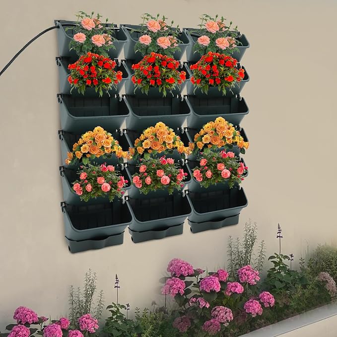 18 Pots Self-Watering Vertical Wall Planter, 39.4โL x 39.4โH Stackable Plastic Wall-Mounted Plant Grow Pots, Wall Hang Garden Planter Outdoor Indoor for Herbs Flowers Strawberries (Green)