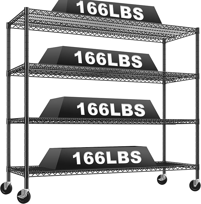 REIBII 60" W Storage Shelves 2878LBS Wire Shelving Unit with Wheels Heavy Duty Metal Shelving Adjustable Metal Shelves for Pantry,Kitchen,Garage,Basement,Business,Warehouse,60”W ×24”D×65.3”H