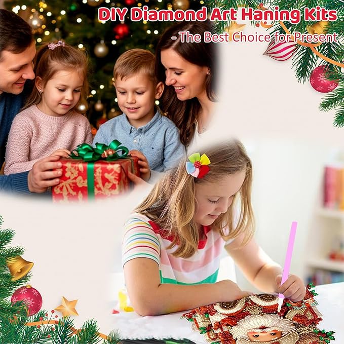MEIYUDA Christmas Diamond Art Hanging Kits for Adult, Santa Claus Diamond Painting Hanging Kits Ornaments, DIY Special Shaped Rhinestone Window Pendants kit for Home Garden Wall Decor Gift