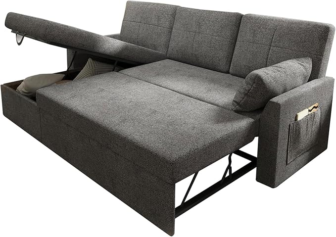 VanAcc Sleeper Sofa, Sofa Bed- 2 in 1 Pull Out Couch Bed with Storage Chaise, Sleeper Couch for Living Room, Grey Linen