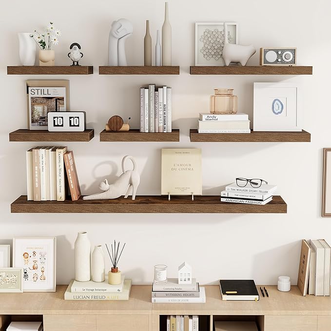 16 Inch Floating Shelves, 16"x9.25"x1.5" Inch Deep Floating Shelves for Wall, Wooden Shelves for Bathroom, Bedroom, Living Room, Brown