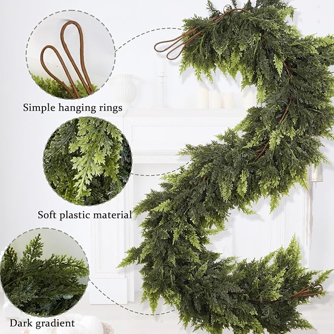6 Ft Artificial Cedar Garlands – Real Touch Winter Greenery, Realistic Artificial Cedar Tree Christmas Pine Garland Decorations for Table Mantle Wall Indoor Fireplace Holiday Party (6ft, 2)