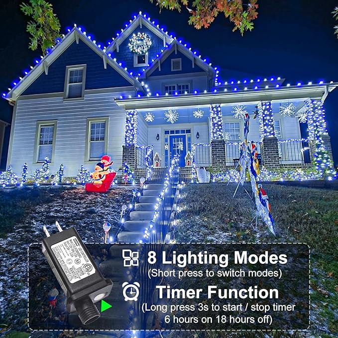 Christmas Lights Outdoor, 66FT 200 LED Christmas Tree Lights with 8 Modes Waterproof, Green Wire Plug in String Light for Indoor Patio Garden Xmas Party Wedding Holiday Decor, Blue White