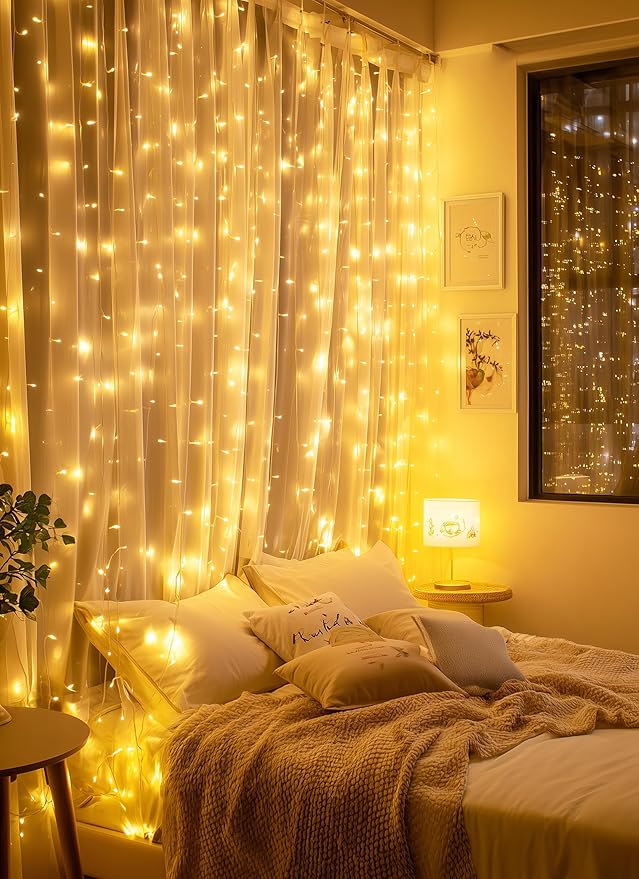 Brightown 2 Pack 300 LED Fairy Curtain Lights, 9.8ft x 9.8ft Warm White Curtain String Lights, USB Plug in 8 Lighting Modes LED Christmas String Hanging Lights with Remote for Bedroom Indoor Outdoor
