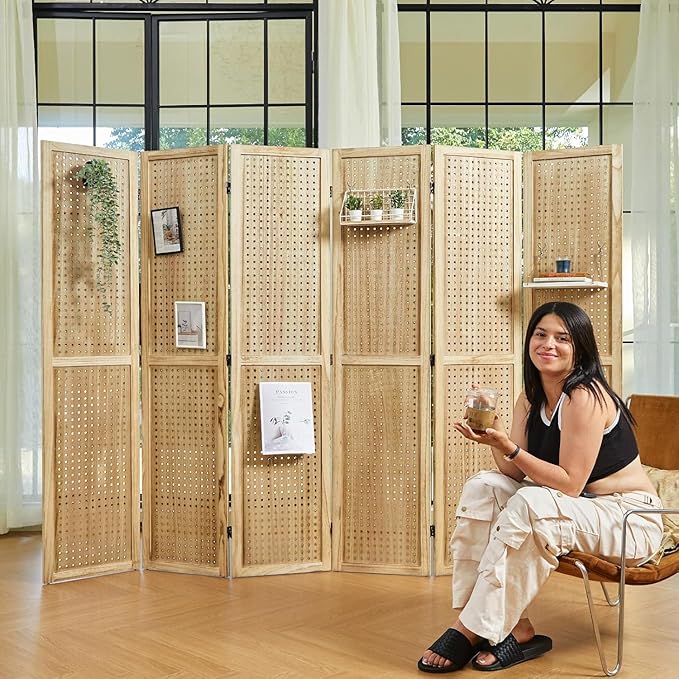 Room Divider Freestanding Folding Pegboard Privacy Screen | 6-Panel Display Stand for Jewelry, Craft Shows, Retail | Natural Wood, Portable & Space-Saving Design