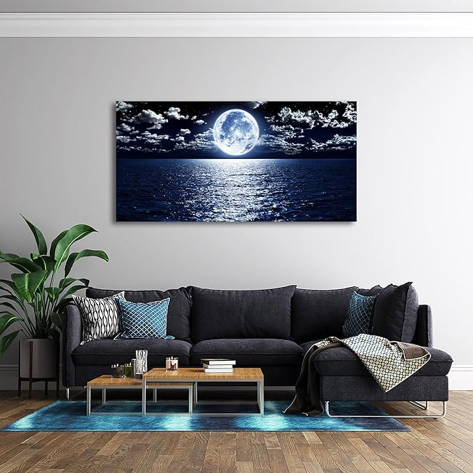 Cao Gen Decor Art S06975 Wall Art Canvas Prints Moon Sea Ocean Landscape 1 Panels Full Moon in Cloud Pictures Paintings Stretched and Framed for Living Room Bedroom Kicthen Office Artwork 30x60inch