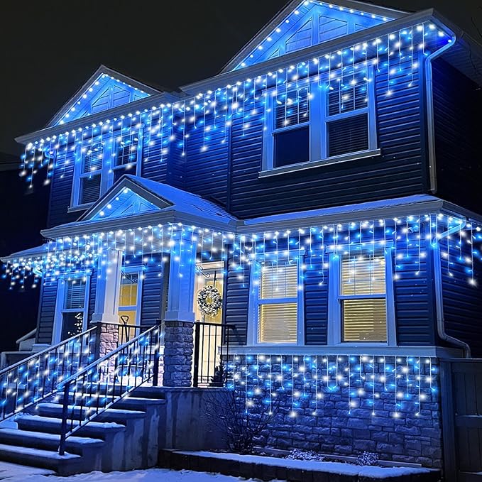 66ft Blue and White Christmas Lights, 640 LED Icicle Lights for Outside House Clear Wire Connectable Twinkle Lights with 8 Modes Timer Waterproof for Window Party Tree Holiday Patio Yard Home Decor