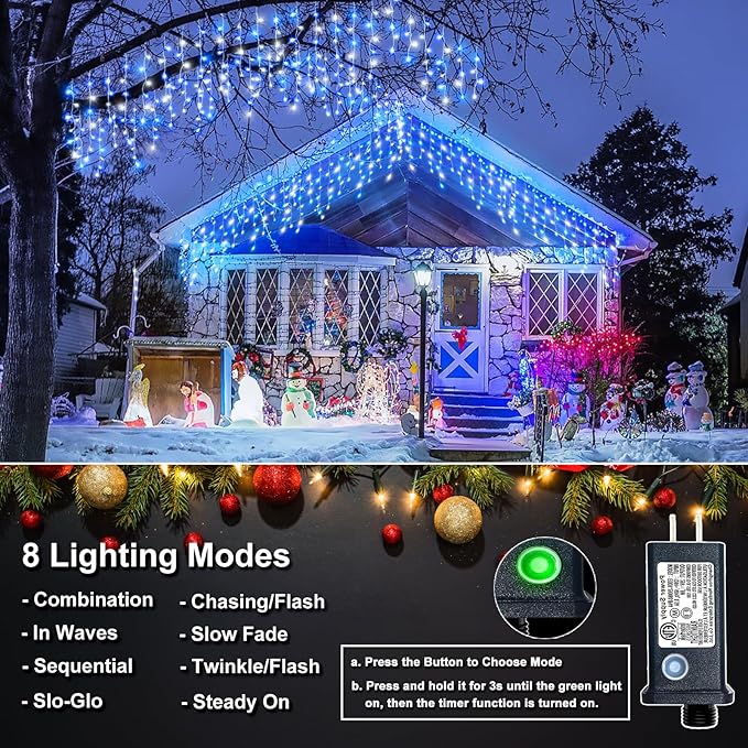 66FT 640 LED Icicle Lights for Outside, Icicle Christmas Lights Outdoor with 8 Modes Timers, Waterproof Plug in Twinkle String Light for Yard Eave Patio Party Holiday Decorations, Blue White
