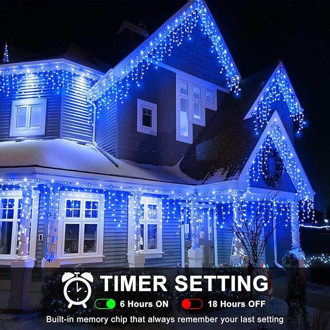 Icicle Lights for Outside, 66FT 640 LED Christmas Icicle Lights Outdoor Indoor with Waterproof 8 Modes, Plug in Curtain String Light for House Patio Roof Garden Party Wedding Decorations, Blue