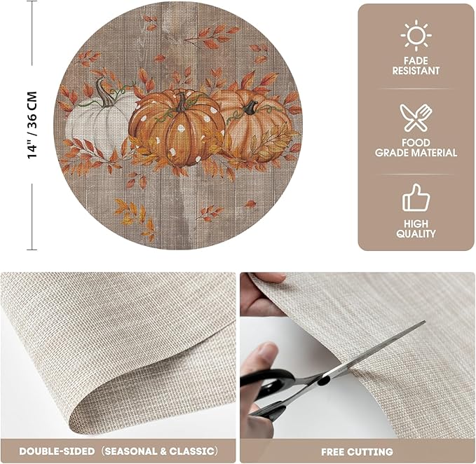 Artoid Mode Maple Leaves Pumpkins Plastic Round Fall Placemats Set of 4, 14 Inch Wipeable Woven Vinyl Table Mats for Farmhouse Party Kitchen Dining Decor