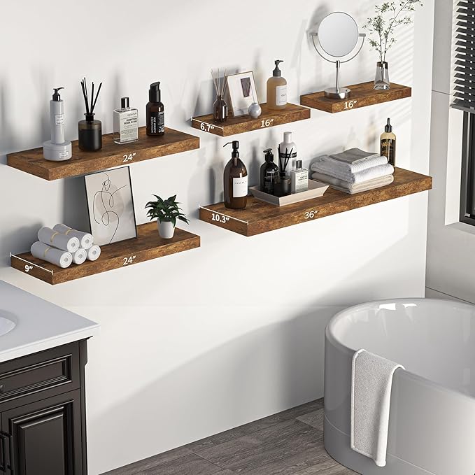 Fun Memories Floating Shelves - 16 Inch Rustic Brown Wall Shelf - Wall Mounted Shelves for Wall Decor Storage - Wooden Shelves with Invisible Brackets for Living Room, Bedroom, Kitchen, 2 Pack