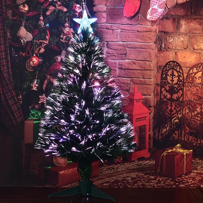 3FT Fiber Optic Green Christmas Tree Artificial Tree with Stand,Pre-lit Full Xmas Tree with Top Star Perfect for Indoor Holiday Decoration