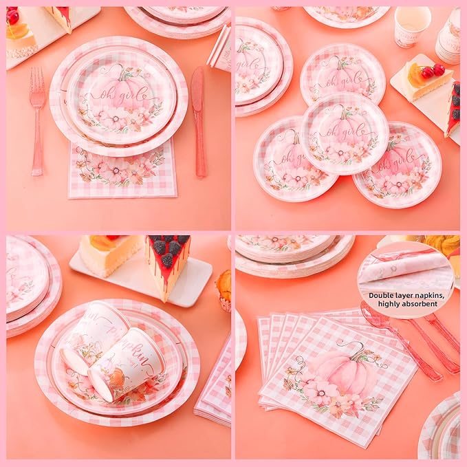 168 Pcs Pink Little Pumpkin Baby Shower Decorations Girl, A Little Pumpkin is on the Way Baby Shower Plates and Napkins Serves 24, Pink Gingham Fall Tableware for Autumn Sweet Girl