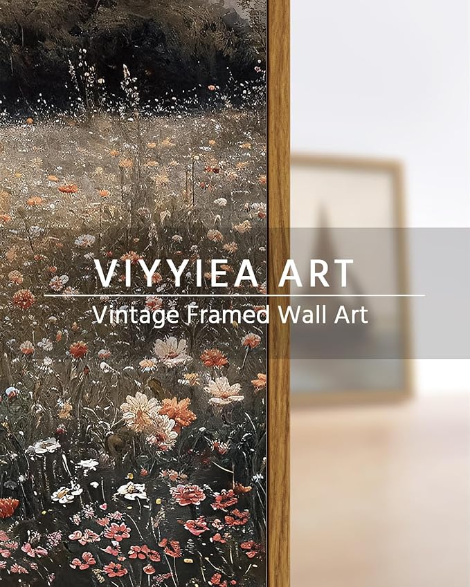 VIYYIEA Framed Canvas Wall Art Home Decor Vintage Landscape Nature Country Wildflower Paintings Farmhouse Pictures Floral Artwork Rustic Flower Prints Cottagecore Living Room Bedroom Bathroom 16x24in