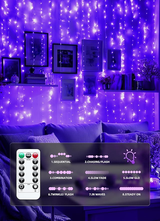 Brightown 300 LED Purple Fairy Curtain Lights, 9.8ft x 9.8ft Curtain String Lights, USB Plug in 8 Lighting Modes LED Christmas String Hanging Lights with Remote for Bedroom Indoor Outdoor Weddings