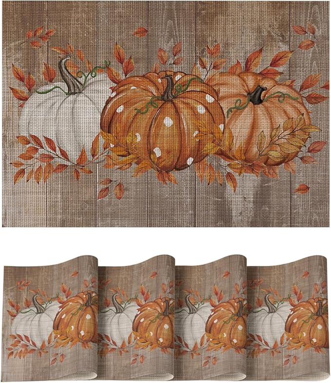 Artoid Mode Wood Pumpkin Leaves Fall Vinyl Placemats Set of 4, Wipeable Woven PVC Table Mats for Thanksgiving Farmhouse Party Kitchen Dining Decor