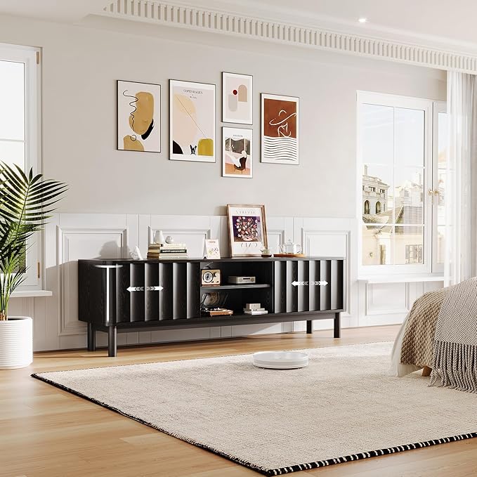 Black Mid Century Modern TV Stand, Wood Fluted Living Room TV Stands with Storage Sliding Doors, Desert-Inspired Design MCM Entertainment Center for 55 60 65 70 75 55+ 60+ 65+ 70+ Inch