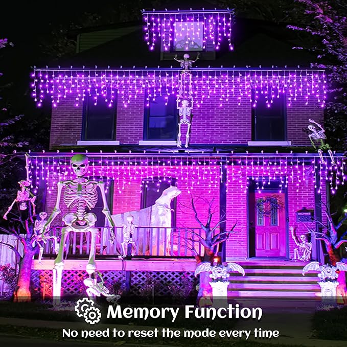 66ft Purple Halloween Lights Outdoor Indoor, 640 LED Icicle Lights for Outside Twinkle Christmas Lights with 120 Drops Clear Wire Timer 8 Modes for House Party Tree Yard Patio Eaves Holiday Decoration