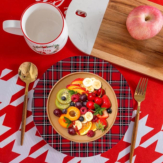 Henilosson Round 13 inch Charger plate - Classic Red Plaid design Charger - Christmas and New Year placemat (6, red+line)