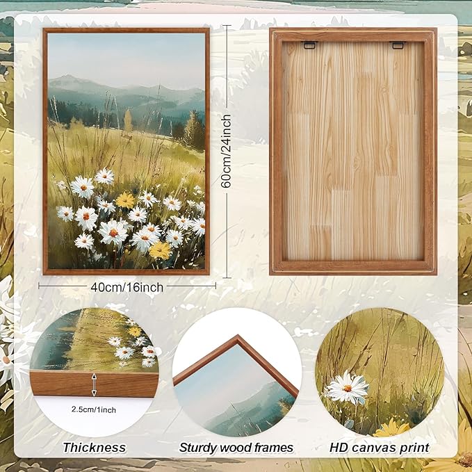 KAIRNE Field Canvas Wall Art,Vintage Landscape Wall Decor,Wildflower Prints Set of 3(16”X24”),Nature Botanical Floral Posters,Rustic Paintings for Kitchen Living Room Bedroom Farmhouse Decor,Framed