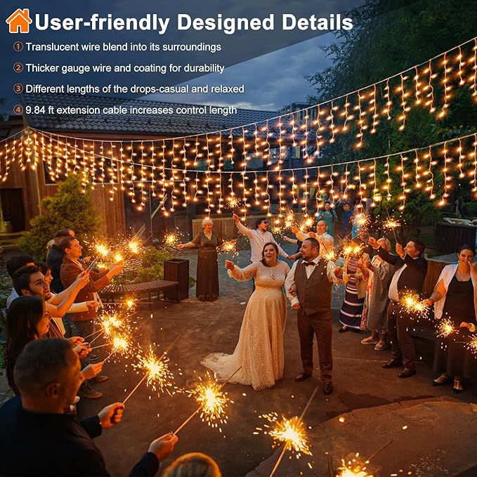 33 FT 400LED Halloween Lights, Orange Icicle Lights for Outside, Clear Wire Twinkle String Light with Timer 8 Modes Waterproof for Window House Patio Yard Wedding Classroom Festival Decor