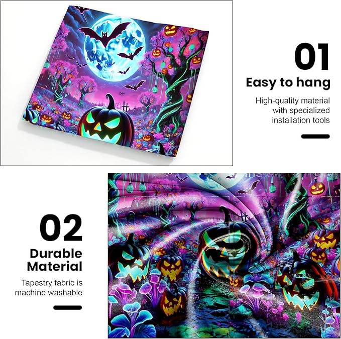 AOHMPT Glow-in-the-Dark Halloween Tapestry - UV Reactive Black Light Wall Hanging Decor for Spooky Parties, Bedroom, Living Room (Pumpkin-Bat, 79L x 59W, Unframed)