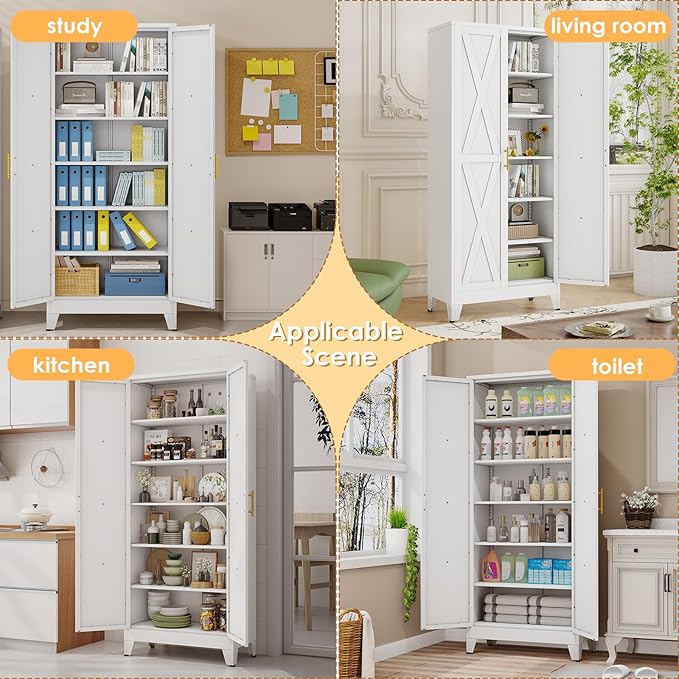 75" Tall Metal Kitchen Pantry Storage Cabinet, Freestanding Cupboard with 2 Doors and 5 Adjustable Shelves, Standing Storage for Kitchen, Bathroom, Garage, Dinning Room or Utility Room(White)