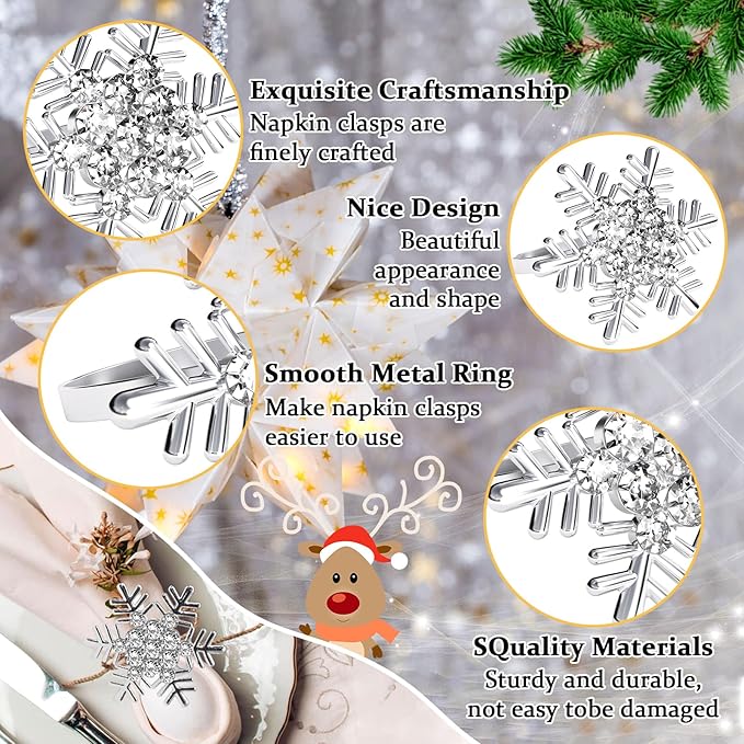 Halatool Set of 8 Christmas Napkin Rings Silver Snowflake with White Rhinestone Napkin Holder for Christmas Thanksgiving Holiday Party Table Decoration