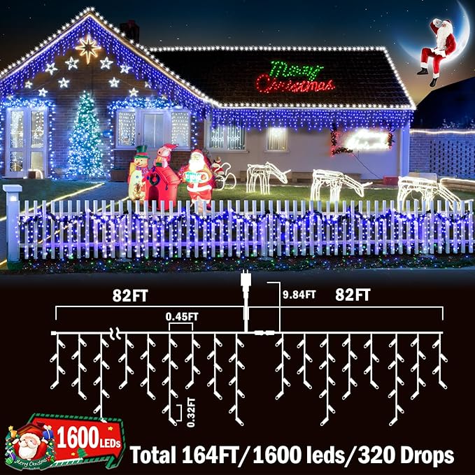 KNONEW 164FT 1600 LED Christmas Lights Outdoor Decoration Blue Timer 8Modes Hanging Fairy String Lights with 320 Drops, Plug in Waterproof Indoor Decor for Holiday Wedding Party Window Garden