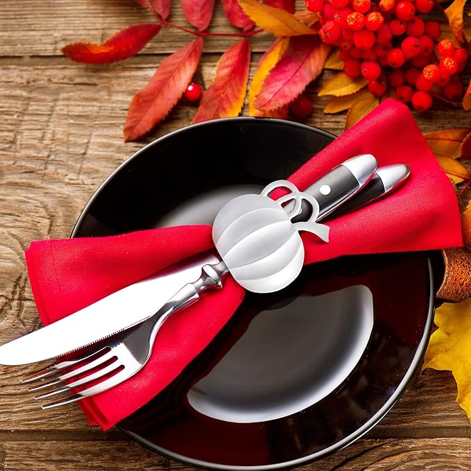Patelai 6 Pieces Pumpkin Napkin Rings Fall Napkin Holders Thanksgiving Halloween Dinner Tables Rings for Thanksgiving Dinner Party Weddings Family Gatherings (White)