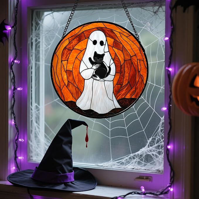 Stained Glass Window Hanging - Halloween Cute White Ghost Black Cat Suncatcher for Doors Garden Home Spooky Orange Sun Catchers Gothic Decor Horror Gift for Women Men Friend Boy Girl 15 in