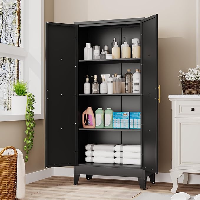 61" H Metal Kitchen Pantry Storage Cabinet, Freestanding Cupboard with 2 Doors and 3 Adjustable Shelves, Standing Storage for Kitchen, Bathroom, Garage, Dinning Room or Utility Room(Black)
