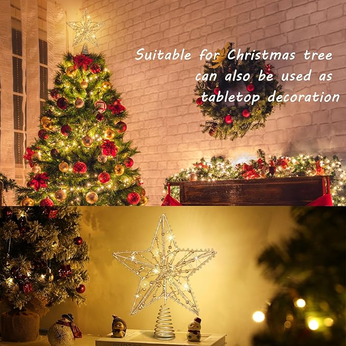 Christmas Tree Topper Star, Gold Star Tree Toppper with 50 Warm LED Lights Glittered Pearl Beads and 8 Lighting Modes Timer for Christmas Tree Decorations and Xmas Holiday Seasonal Decor
