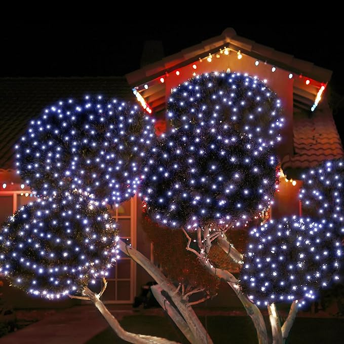 WBao Solar Christmas Lights Outdoor 200LED 8.4ft x 5.2ft Christmas Net Lights with Remote, 8 Lighting Modes, Timer, Waterproof for Lawn, Bushes, Shrubs, Trees Outdoor Christmas Decorations, Cool White