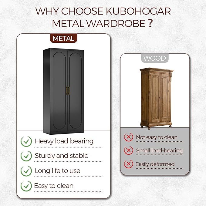 Metal Armoire Wardrobe Closet with 2 Doors, 71" Black Wardrobe Cabinet with Hanging Rod and Adjustable Shelves, Tall Clothing Storage Cabinets for Bedroom, Laundry Room, Home Office