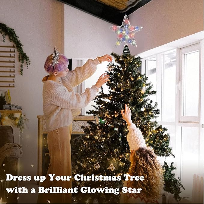 Silver Star Christmas Tree Topper with 50 Colouful LED Lights 8 Lighting Modes Timer, White Tree Topper for Christmas Tree Decorations and Xmas Holiday Seasonal Decor