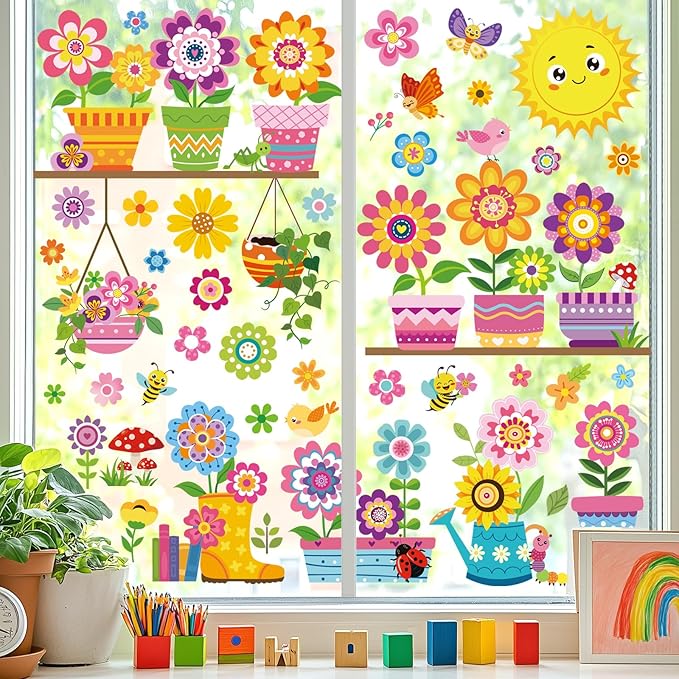 decalmile Spring Summer Kids Multicolor Flower Double Sided Window Clings Colorful Floral Garden Potted Sun Anti-Collision Glass Doors Window Stickers Decals