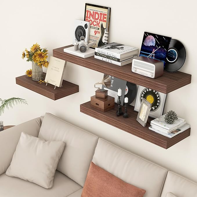 Deep Floating Shelves for Wall, 36'' x 12'' Rustic Large Floating Shelves Set of 2, 12 Inch Deep Walnut Wood Wall Shelves for Living Room Bathroom Laundry Room Bedroom Kitchen Home Office - Walnut